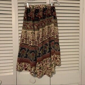 Boho Hippie Print Camel Elephant Floral Flowy Midi Skirt size Medium